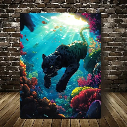 Panther Wrestling in Coral Reef Underwater Painting 40x60cm Metal Print Ready to Hang