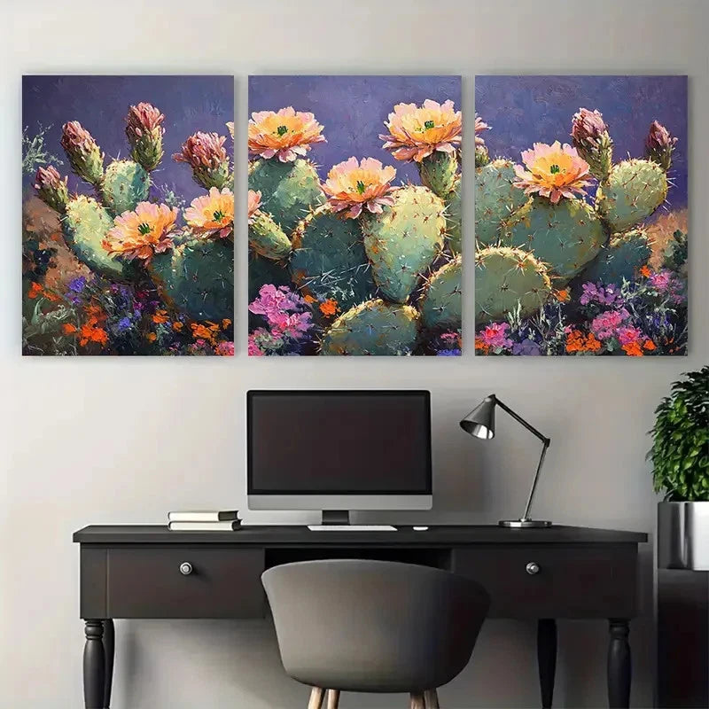 3pcs Blooming Cactus Colorful Impasto Design Metal Print Ready to Hang Art