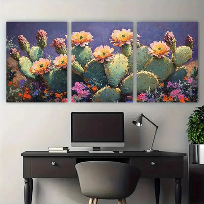 3pcs Blooming Cactus Colorful Impasto Design Metal Print Ready to Hang Art