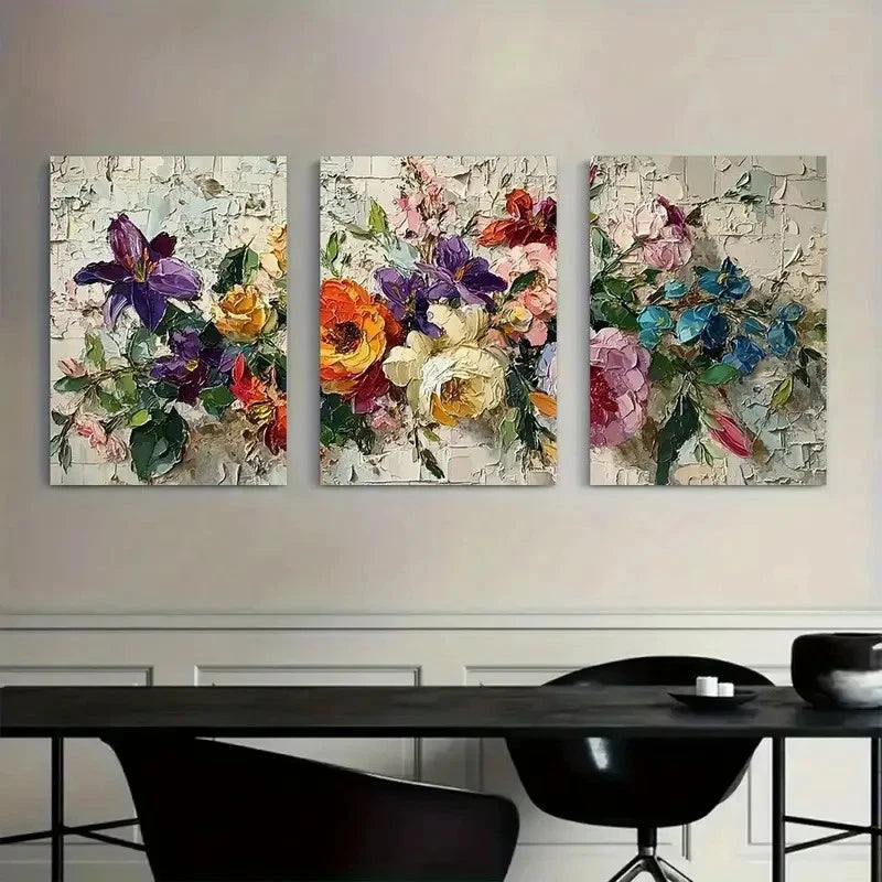 3pcs Vibrant Colorful Flower Arrangements Painting Metal Print Ready to Hang Art