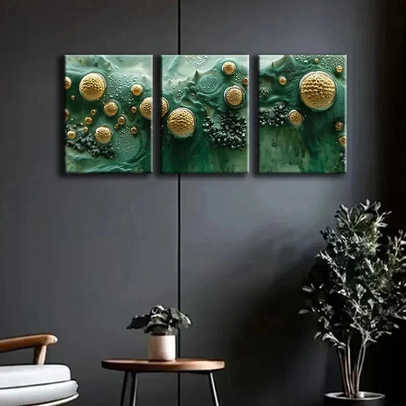 3pcs Abstract Green & Golden Designs Wall Art Set Canvas Framed 40x60cm - High Quality Print 100% Australian Made Wall Canvas Ready to Hang