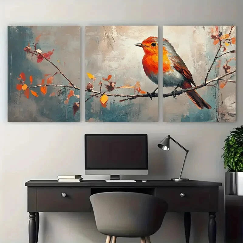 3pcs Charming Red Robin Bird Illustration Metal Print Ready to Hang Art
