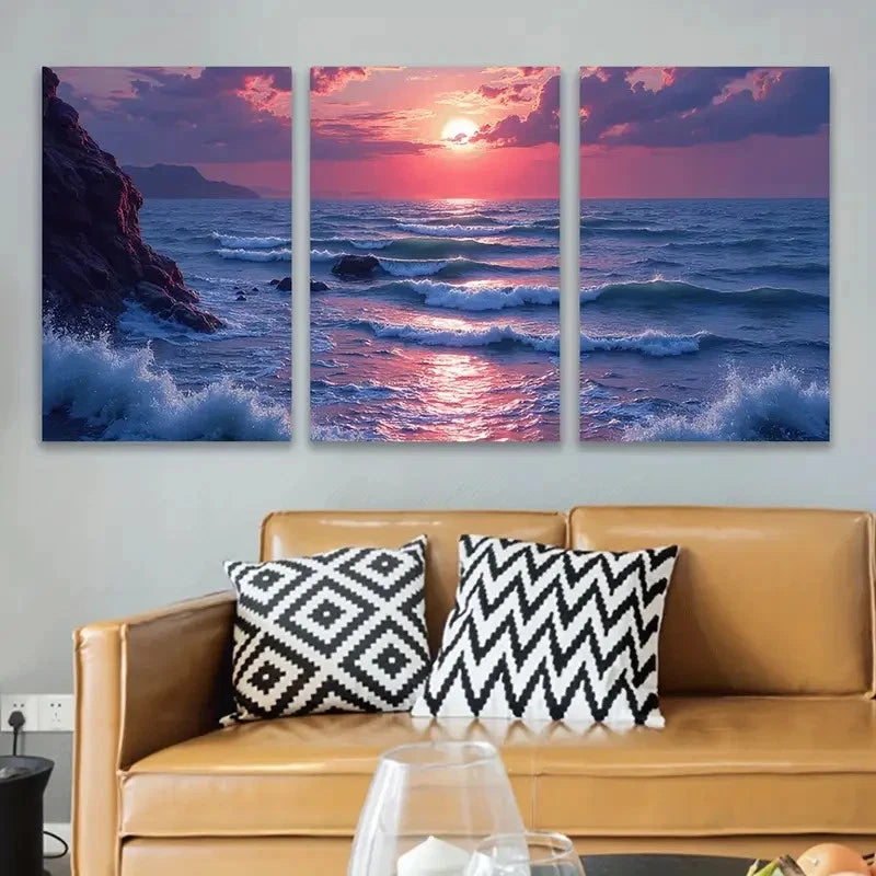 3pcs Sunset Beach Scene With Ocean Waves Wall Art Set Canvas Framed 50x70cm - High Quality Print 100% Australian Made Wall Canvas Ready to Hang