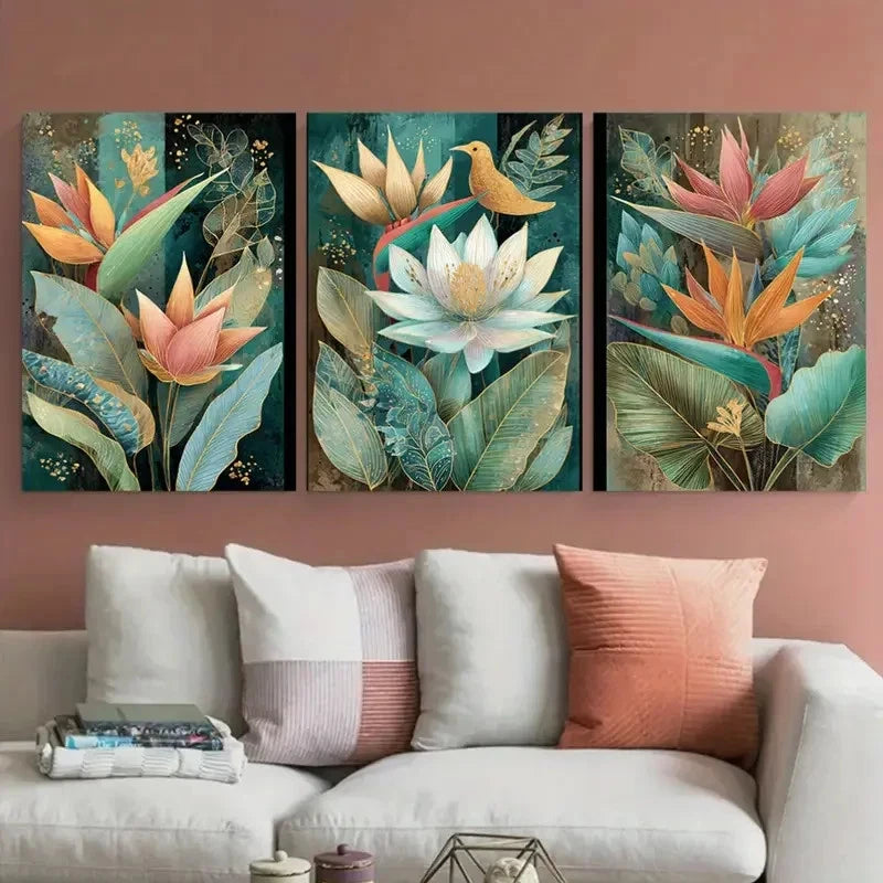 3pcs Angel Falls Venezuela Vintage Floral Wall Art Set Canvas Framed 60x90cm - High Quality Print 100% Australian Made Wall Canvas Ready to Hang