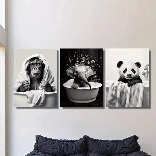 3pcs ,Adorable Cartoon Animals Enjoying a Bath Metal Print Ready to Hang Art