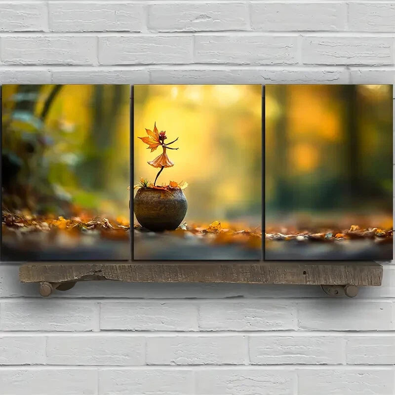 3pcs Girl Dancing in the Forest Leaf Metal Print Ready to Hang Art