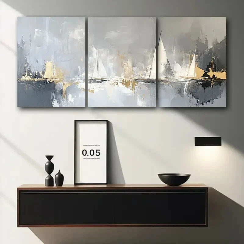 3pcs Sailboats On The Water Abstract Paintings Metal Print Ready to Hang Art