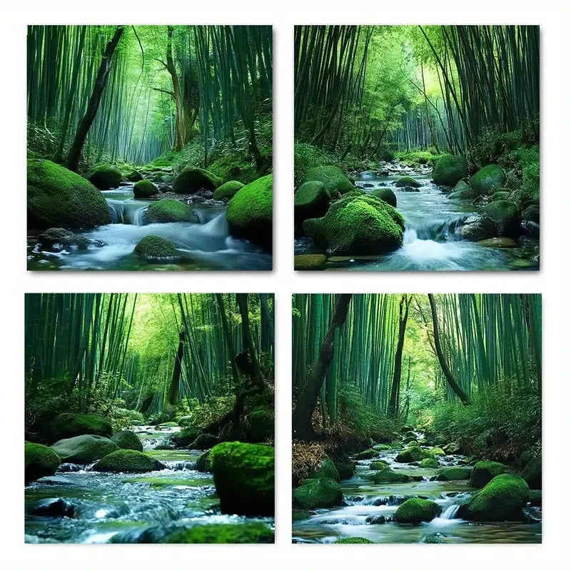 4pcs Abstract Bamboo river stone Wall Art Canvas Framed