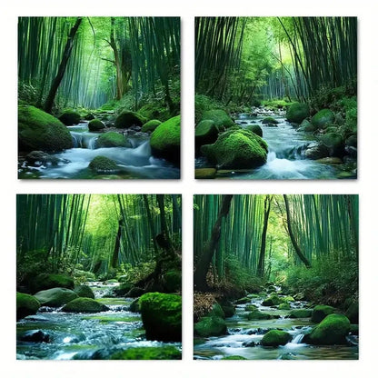 4pcs Abstract Bamboo river stone Wall Art Canvas Framed