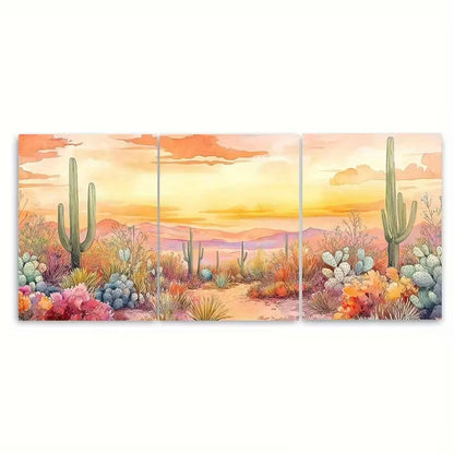3pcs Colorful Cacti & Wildflowers Desert Sunset Metal Print Ready to Hang Art