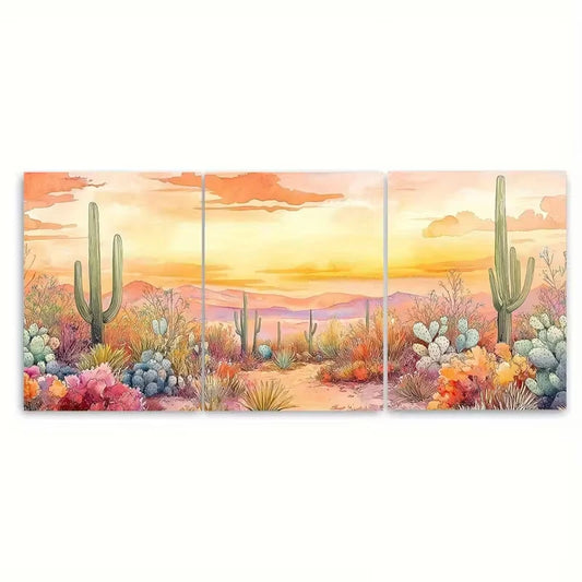 3pcs Colorful Cacti & Wildflowers Desert Sunset Metal Print Ready to Hang Art
