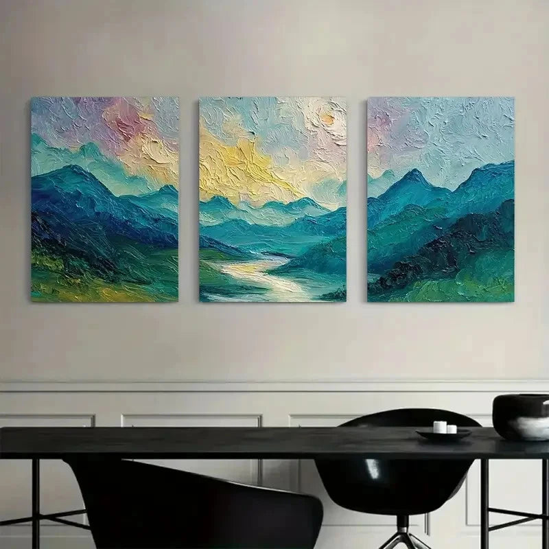 3pcs Mountain and River Landscape Painting Metal Print Ready to Hang Art