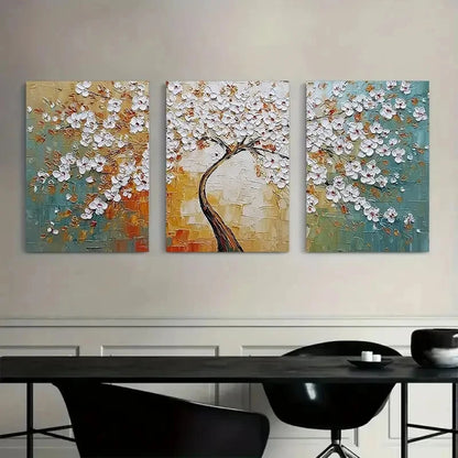 3pcs Featuring A Huge Tree With White Flowers Metal Print Ready to Hang Art