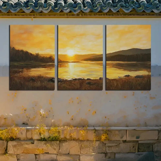 3pcs Vibrant lake under the sunset Metal Print Ready to Hang Art