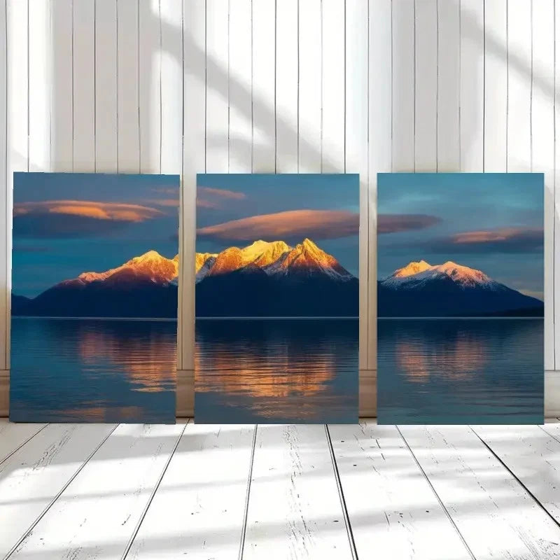 3pcs Snowy Mountains & Calm Lake Landscape Metal Print Ready to Hang Art