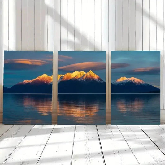 3pcs Snowy Mountains & Calm Lake Landscape Metal Print Ready to Hang Art