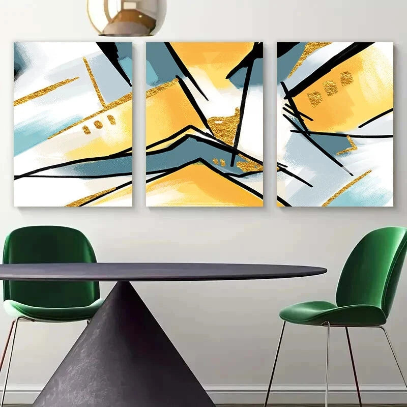 3pcs Abstract Yellow Blue & Black Lines Metal Print Ready to Hang Art