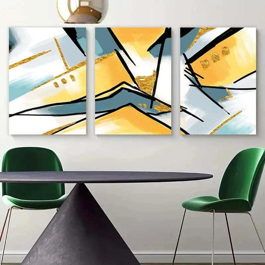 3pcs Abstract Yellow Blue & Black Lines Metal Print Ready to Hang Art