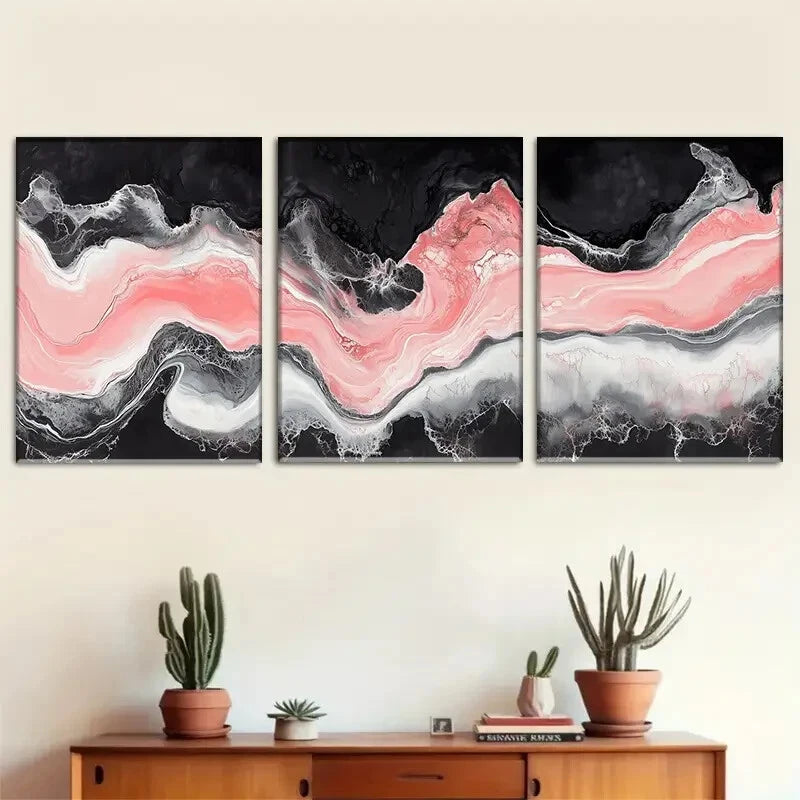 3pcs Portrait Orientation Of Black Pink And White Metal Print Ready to Hang Art