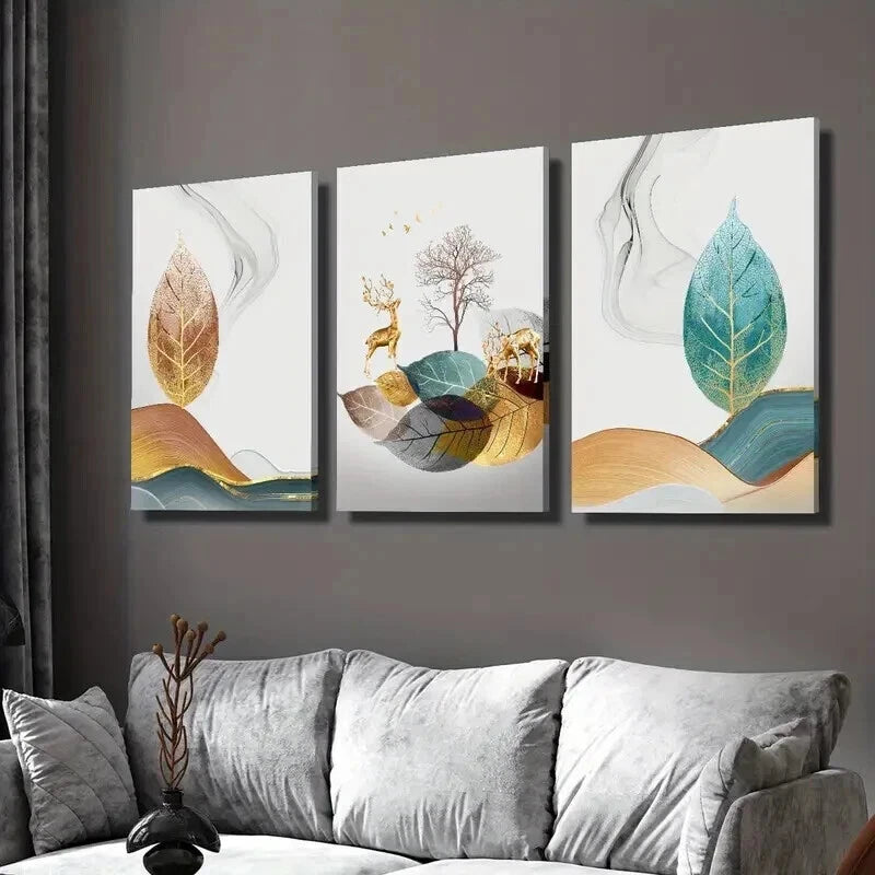 3pcs Light Luxury Gilded Deer And Lucky Tree Wall Art Set Canvas Framed 40x60cm - High Quality Print 100% Australian Made Wall Canvas Ready to Hang