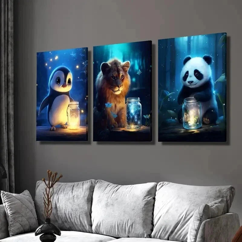 3pcs Enchanted Luminous Forest Creatures Wall Art Set Canvas Framed 50x70cm - High Quality Print 100% Australian Made Wall Canvas Ready to Hang