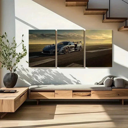3pcs Sleek Gray Sports Car at Sunset Wall Art Set Canvas Framed 40x60cm - High Quality Print 100% Australian Made Wall Canvas Ready to Hang