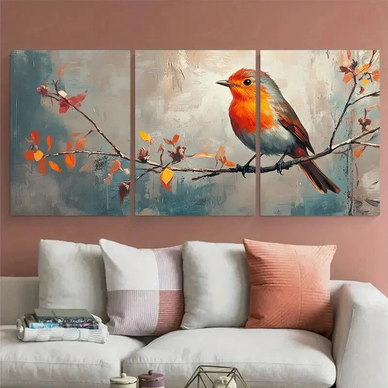 3pcs Charming Red Robin Bird Illustration Metal Print Ready to Hang Art