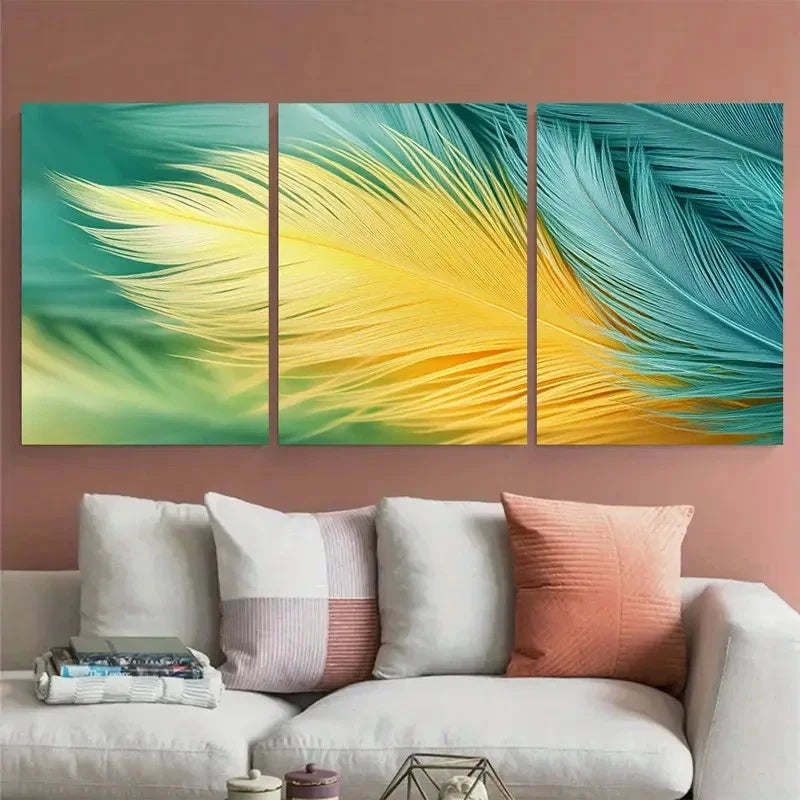 3pcs Fluffy Green Yellow Soft Pastel Feather Metal Print Ready to Hang Art
