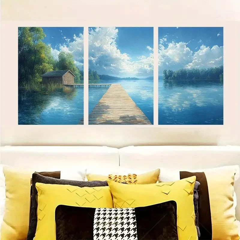 3pcs Peaceful Lake House Under A Sky Wall Art Set Canvas Framed 60x90cm - High Quality Print 100% Australian Made Wall Canvas Ready to Hang