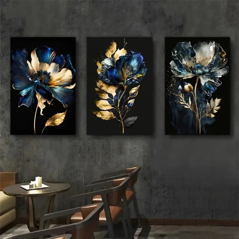 3pcs Abstract Golden & Blue Floral Metal Print Ready to Hang Art