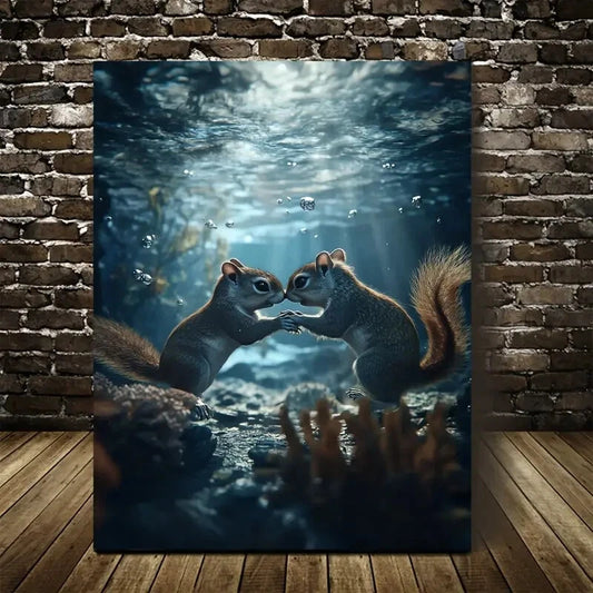 Realistic Squirrel Wrestling Scene Underwater Painting 40x60cm Metal Print Ready to Hang