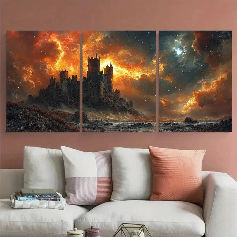 3pcs Medieval Fantasy Landscape with Gothic Castle Wall Art Set Canvas Framed 40x60cm - High Quality Print 100% Australian Made Wall Canvas Ready to Hang