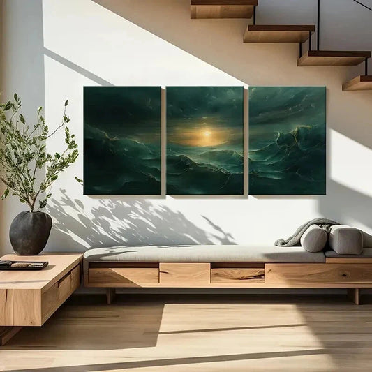 3pcs Mystical Golden Waves & Dark Clouds Wall Art Set Canvas Framed 40x60cm - High Quality Print 100% Australian Made Wall Canvas Ready to Hang