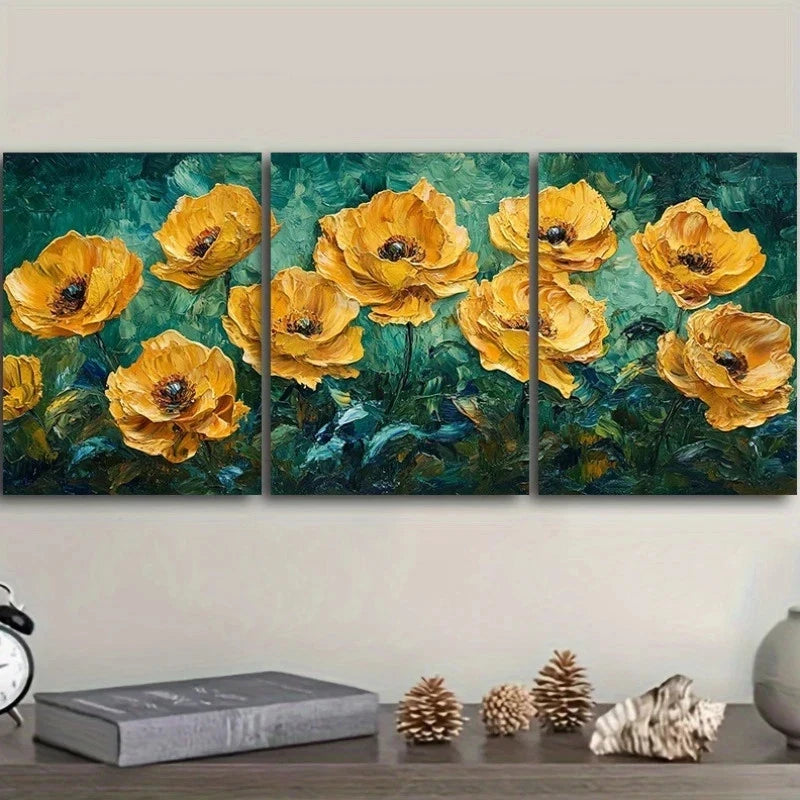 3pcs Featuring Cluster Of Yellow Flowers Metal Print Ready to Hang Art