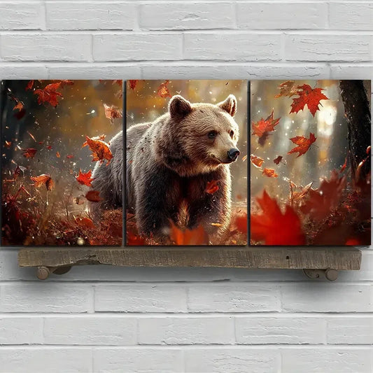 3pcs Bears in the Forest Red Leaves Modern Themed Metal Print Ready to Hang Art