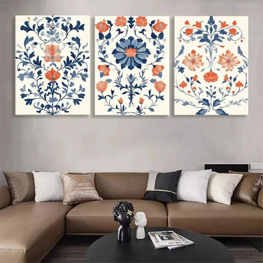 3pcs Botanical Vintage Blue Orange Perfect Wall Art Set Canvas Framed 60x90cm - High Quality Print 100% Australian Made Wall Canvas Ready to Hang