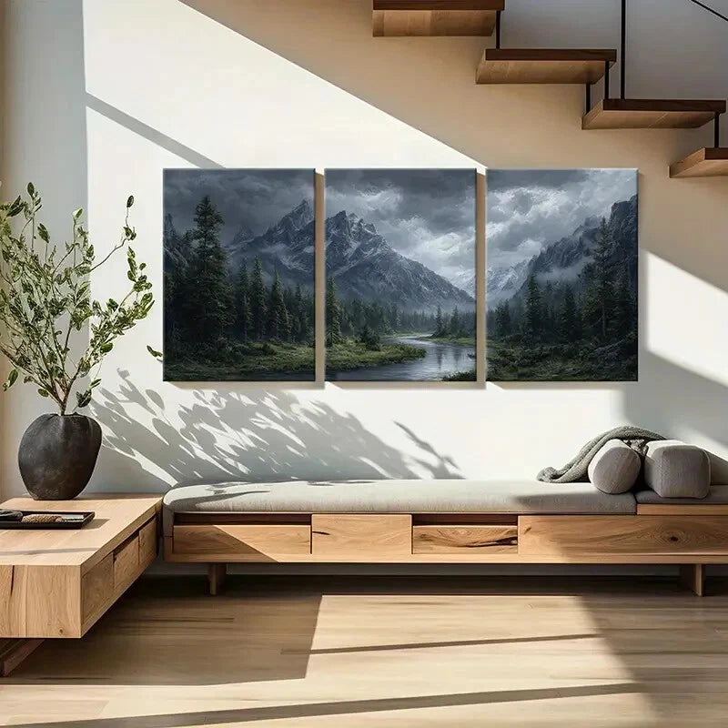 3pcs Mountain Landscape Forest River Snowy Peaks Metal Print Ready to Hang Art