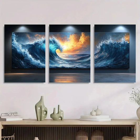 3pcs Sunset & Wave Scenery Modern Abstract Metal Print Ready to Hang Art