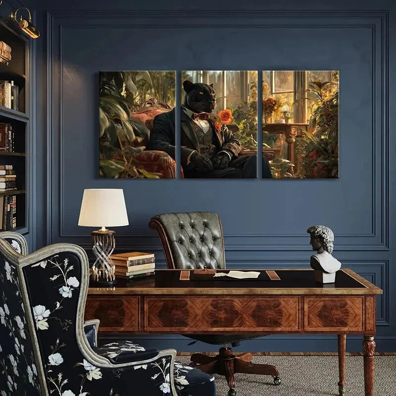 3pcs Elegant Black Panther In Suit Rose Bouquet Metal Print Ready to Hang Art