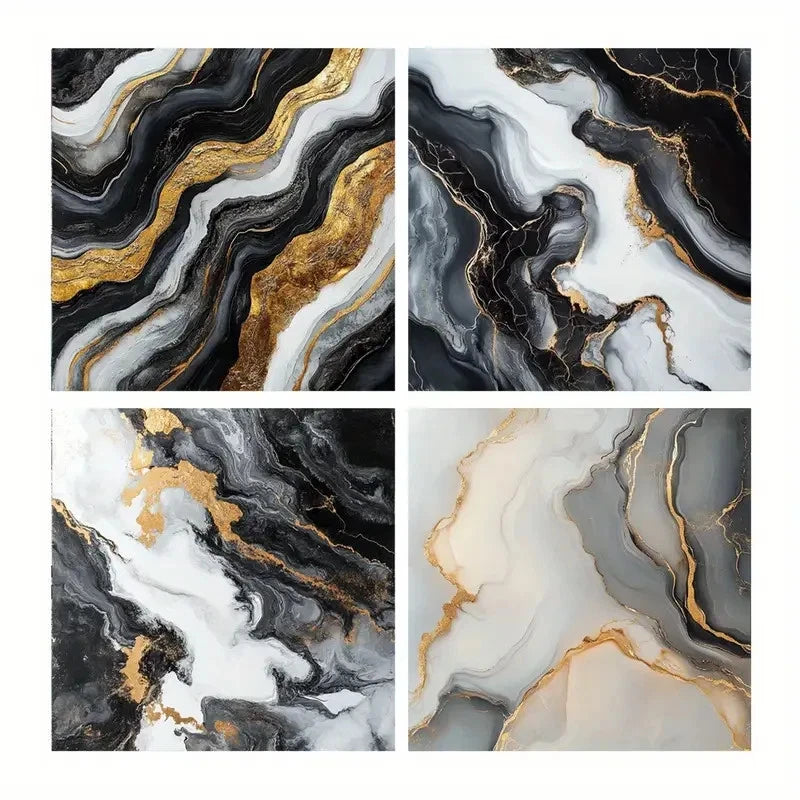 4pcs Black And White Square Wall Art Decor, Mar Wall Art Canvas Framed