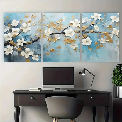 3pcs Elegant White and Golden Floral Soft Tones Metal Print Ready to Hang Art