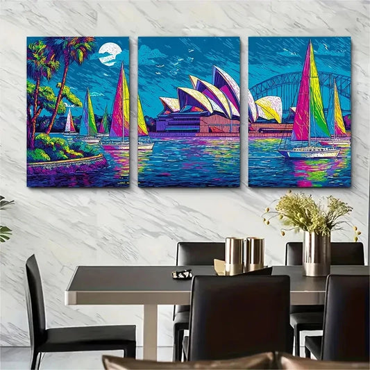 3pcs Sydney Opera House Fauvist Harbour Scene Wall Art Set Canvas Framed 50x70cm - High Quality Print 100% Australian Made Wall Canvas Ready to Hang
