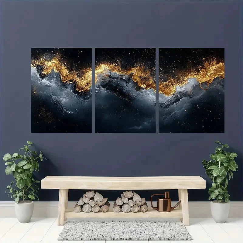 3pcs Abstract Golden Wave Black and White Texture Metal Print Ready to Hang Art