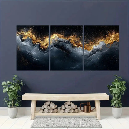 3pcs Abstract Golden Wave Black and White Texture Metal Print Ready to Hang Art