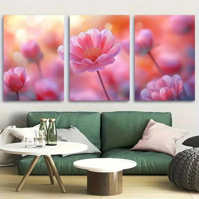 3pcs Vibrant Spring Pink & Orange Wildflower Metal Print Ready to Hang Art