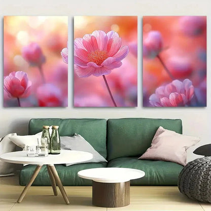 3pcs Vibrant Spring Pink & Orange Wildflower Metal Print Ready to Hang Art