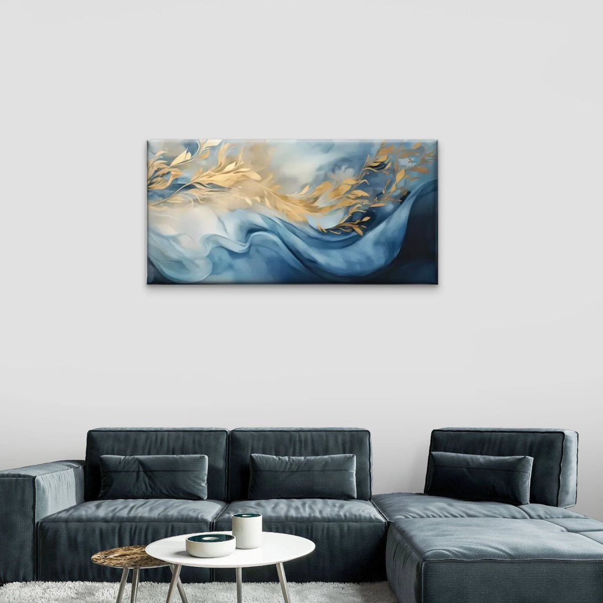 Blue And Golden Abstract Wall Art Canvas Office Home Room Framed 120x60cm