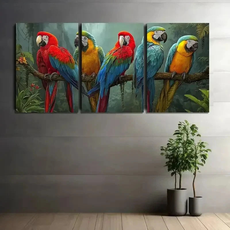 3pcs Colorful Parrots in Jungle Painting Metal Print Ready to Hang Art