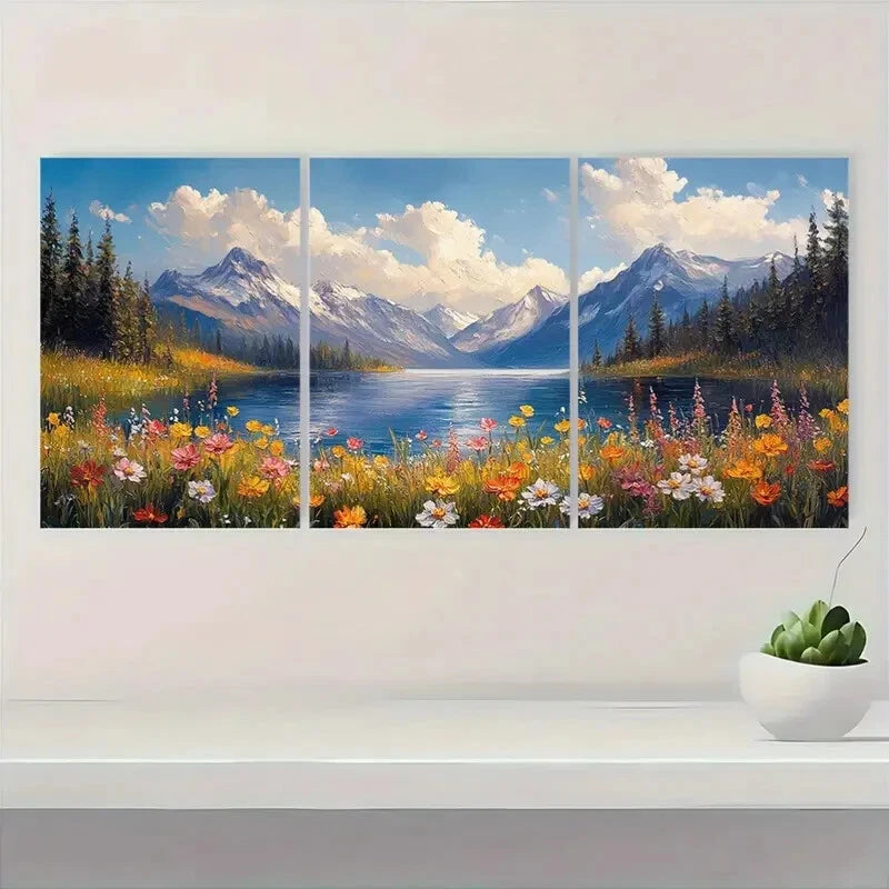 3pcs Nature-Inspired Alpine Wildflower Landscape Metal Print Ready to Hang Art