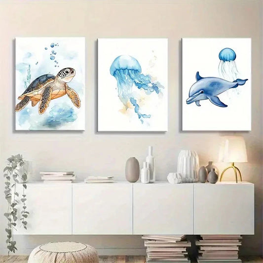3pcs Watercolor Turtle Jellyfish and Dolphin Metal Print Ready to Hang Art